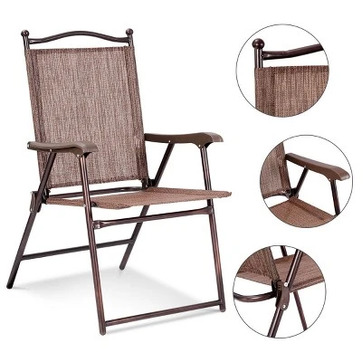 Costway Set Of 2 Patio Folding Sling Back Chairs Camping Deck Garden Beach Brown 4 Costway Set Of 2 Patio Folding Sling Back Chairs Camping Deck Garden Beach Brown - Image 4