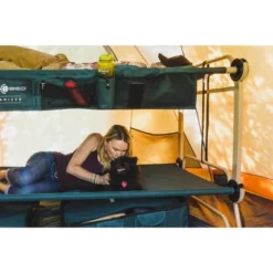 Disc-O-Bed Large Camo-O-Bunk 2 Person Bench Bunked Double Bunk Bed Cots With 2 Side Organizers And Carry Bags For Outdoor Camping Trips, Navy