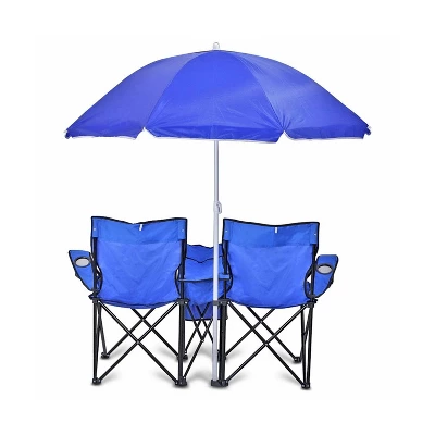 GoTeam Double Folding Camping Chair Set With Shade Umbrella, Cooler, And Carrying Bag For Camping, Beach Lounging, Tailgating, And More, Blue 1 GoTeam Double Folding Camping Chair Set With Shade Umbrella, Cooler, And Carrying Bag For Camping, Beach Lounging, Tailgating, And More, Blue