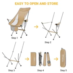KingCamp Lightweight Padded Highback Folding Lounge Chair With Cupholder, Side Storage Pocket, And Carry Bag For Indoor Or Outdoors, Khaki -Camping Equipment Series GUEST 28d37eb7 f247 462c 8be2 c5ec19e193e9
