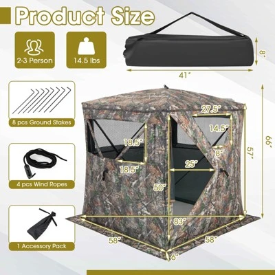 Costway Hunting Blind Portable Pop Up Ground Tent 2-3 Person With Carry Bag Storage Pocket 2 Costway Hunting Blind Portable Pop Up Ground Tent 2-3 Person With Carry Bag Storage Pocket - Image 2