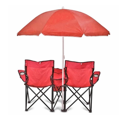GoTeam Double Folding Camping Chair Set With Shade Umbrella, Cooler, And Carrying Bag For Camping, Beach Lounging, Tailgating, And More, Red 1 GoTeam Double Folding Camping Chair Set With Shade Umbrella, Cooler, And Carrying Bag For Camping, Beach Lounging, Tailgating, And More, Red