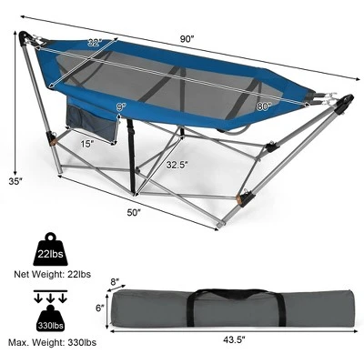 Costway Folding Hammock Indoor & Outdoor Hammock With Side Pocket & Iron Stand 1 Costway Folding Hammock Indoor & Outdoor Hammock With Side Pocket & Iron Stand
