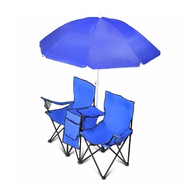 GoTeam Double Folding Camping Chair Set With Shade Umbrella, Cooler, And Carrying Bag For Camping, Beach Lounging, Tailgating, And More, Blue 2 GoTeam Double Folding Camping Chair Set With Shade Umbrella, Cooler, And Carrying Bag For Camping, Beach Lounging, Tailgating, And More, Blue - Image 2