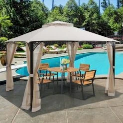 Costway 12' X 10' Outdoor Patio Gazebo Canopy Shelter Double Top Sidewalls Netting Brown Beige -Camping Equipment Series GUEST 46c3a3e5 4ddd 40e2 8dbd b1983dd8b8d3