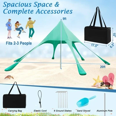 Tangkula 20 X 20 FT Beach Tent Beach Canopy W/ UPF50+ Sun Protection Carrying Bag & Sand Shovel Aluminum Pole & 6 Ground Stakes Blue/Green 8 Tangkula 20 X 20 FT Beach Tent Beach Canopy W/ UPF50+ Sun Protection Carrying Bag & Sand Shovel Aluminum Pole & 6 Ground Stakes Blue/Green - Image 8