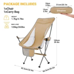 KingCamp Lightweight Padded Highback Folding Lounge Chair With Cupholder, Side Storage Pocket, And Carry Bag For Indoor Or Outdoors, Khaki -Camping Equipment Series GUEST 5af8a563 a625 4d97 a8ed 9328818410cb