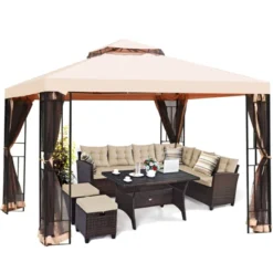 Tangkula 10'x10'Outdoor Canopy Gazebo Art Steel Frame 2-Tiers Party Patio Large Canopy Gazebo W/Netting&Side Walls -Camping Equipment Series GUEST 629dfa37 091c 44a9 8801 fb5c0663fd41