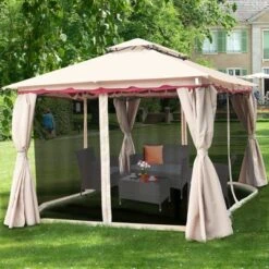 Tangkula 13'x10'Outdoor Canopy Gazebo Art Steel Frame 2-Tiers Party Patio Large Canopy Gazebo W/Netting&Side Walls
