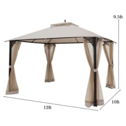 Costway 12' X 10' Outdoor Patio Gazebo Canopy Shelter Double Top Sidewalls Netting Brown Beige
