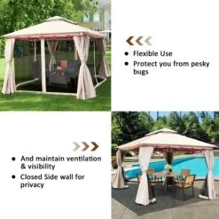 Tangkula 10'x10'Outdoor Canopy Gazebo Art Steel Frame 2-Tiers Party Patio Large Canopy Gazebo W/Netting&Side Walls -Camping Equipment Series GUEST 85eb25e7 6f67 4414 aa78 b34a372767c1