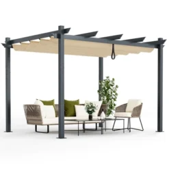 Costway 10x12ft Outdoor Aluminum Retractable Pergola Canopy Shelter Grape Trellis Beige/Gray -Camping Equipment Series GUEST 892ea2a9 010b 497d 8644 38baf7f7a9c6