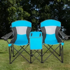 Costway Portable Folding Camping Canopy Chairs W/ Cup Holder Cooler Outdoor Blue -Camping Equipment Series GUEST 98739ff1 86f4 4775 a8bf 799b1b5d07ca