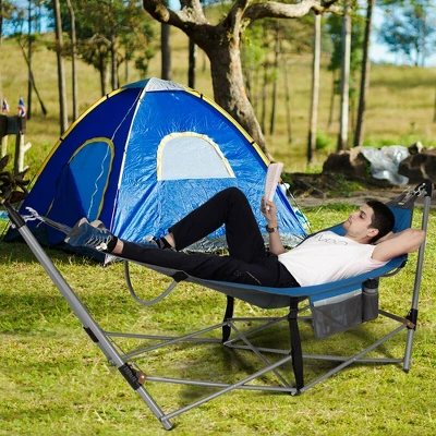 Costway Folding Hammock Indoor & Outdoor Hammock With Side Pocket & Iron Stand 2 Costway Folding Hammock Indoor & Outdoor Hammock With Side Pocket & Iron Stand - Image 2