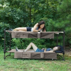 Disc-O-Bed Large Camo-O-Bunk 2 Person Bench Bunked Double Bunk Bed Cots With 2 Side Organizers And 2 Storage Carry Bags For Outdoor Camping Trips, Tan -Camping Equipment Series GUEST b8821ca5 143a 47c1 97a7 57a41cb35f1b
