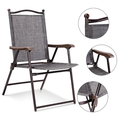 Costway Set Of 2 Patio Folding Sling Back Chairs Camping Deck Garden Beach Gray 4 Costway Set Of 2 Patio Folding Sling Back Chairs Camping Deck Garden Beach Gray - Image 4