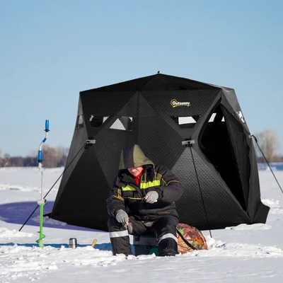 Outsunny 4 Person Insulated Ice Fishing Shelter 360-Degree View, Pop-Up Portable Ice Fishing Tent With Carry Bag, Two Doors And Anchors, Black 2 Outsunny 4 Person Insulated Ice Fishing Shelter 360-Degree View, Pop-Up Portable Ice Fishing Tent With Carry Bag, Two Doors And Anchors, Black - Image 2