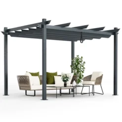Costway 10x12ft Outdoor Aluminum Retractable Pergola Canopy Shelter Grape Trellis Beige/Gray -Camping Equipment Series GUEST c11482d8 f11d 4b25 a380 100e7b743871