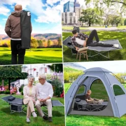 Zone Tech Folding Outdoor Travel Cot - 2 Pack Grey Portable Heavy Duty Adult And Kids Travel Cot With Large Pocket-Perfect For Hiking, Camping