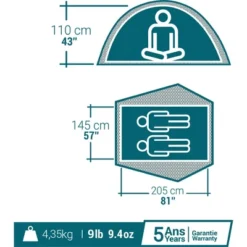 Decathlon Quechua Quechua 2 Second Easy Waterproof Pop Up Camping Tent 2 Person, Grey Blue