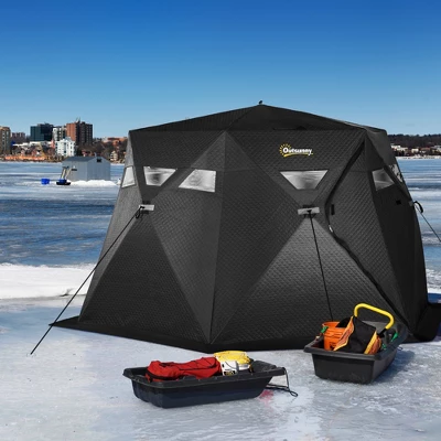 Outsunny 4 Person Insulated Ice Fishing Shelter 360-Degree View, Pop-Up Portable Ice Fishing Tent With Carry Bag, Two Doors And Anchors, Black 1 Outsunny 4 Person Insulated Ice Fishing Shelter 360-Degree View, Pop-Up Portable Ice Fishing Tent With Carry Bag, Two Doors And Anchors, Black